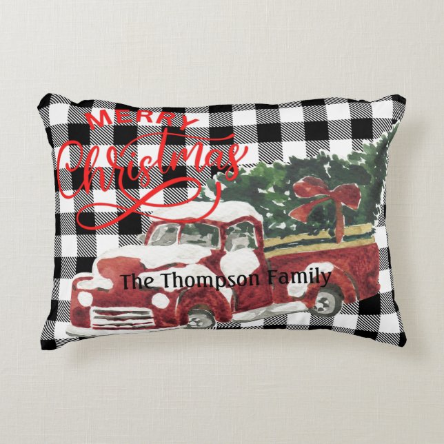 Family name traditional buffalo plaid red truck decorative cushion (Front)