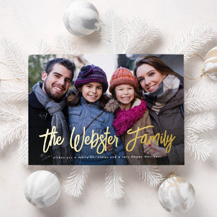 Family name two photo red Christmas Foil Holiday Card