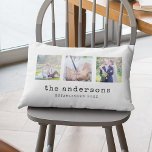 Family Name Typewriter Custom Photo Collage Lumbar Cushion<br><div class="desc">Pillow with 3 square photos arranged side by side on the front and back side making it 6 photos in total that you can replace with you own photos against a white background. You can also add your family name in a stylish typewriter font and the year established. Perfect for...</div>