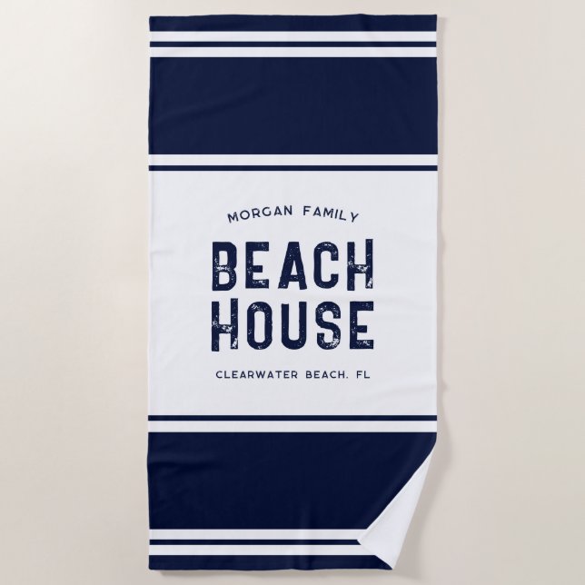Family Name Vacation Beach House Navy Blue Beach Towel (Front)