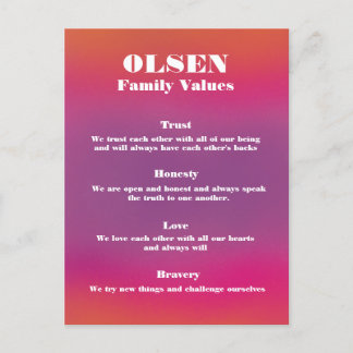 Family Name Values Poster Customizable & Editable Postcard