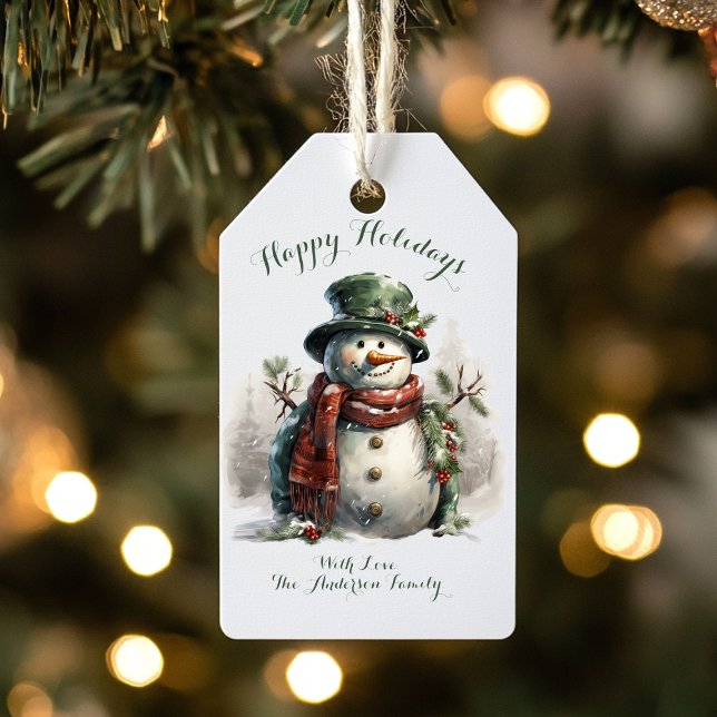 Family Name Vintage Snowman Christmas Tag (Personalized Christmas gift tag)