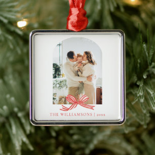 Family Name Year Red Bow Arch Photo Christmas  Metal Ornament