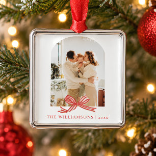 Family Name Year Red Bow Arch Photo Christmas Metal Ornament