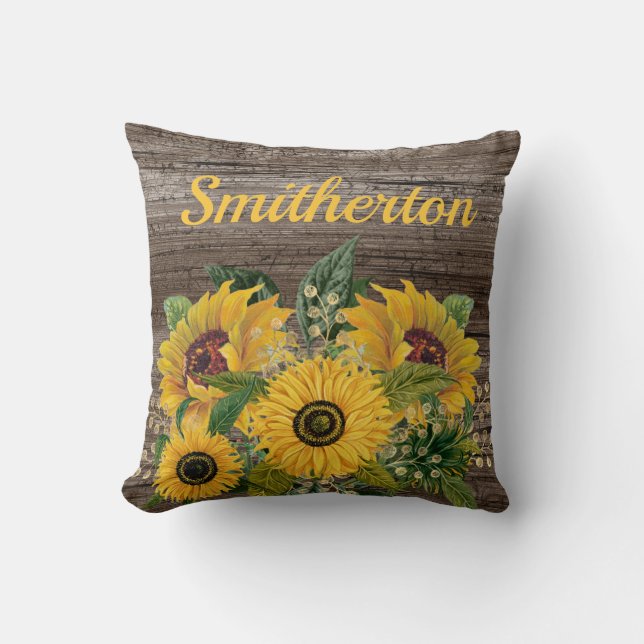 Family Name Yellow Sunflowers Rustic Wood Cushion (Front)