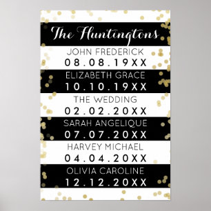 Family Names & Dates Black Stripes & Gold Confetti Poster
