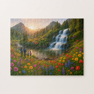 Family Nature Puzzle – Mountain Waterfall Sunrise