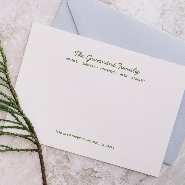 FAMILY NOTECARDS Cursive Names Address MOSS GREEN  (Creator Uploaded)