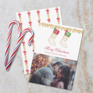 Family of 2 - Watercolor Monogram Stockings Photo Holiday Card