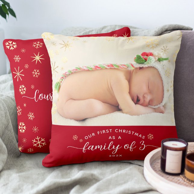 Family of 3 Baby First Christmas Snowflake Photo Cushion (Creator Uploaded)