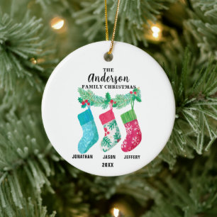 Family of 3 Christmas Stocking Personalised Ceramic Ornament