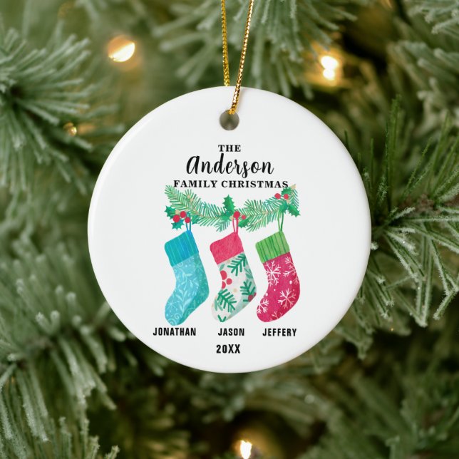 Family of 3 Christmas Stocking Personalised  Ceramic Ornament (Tree)