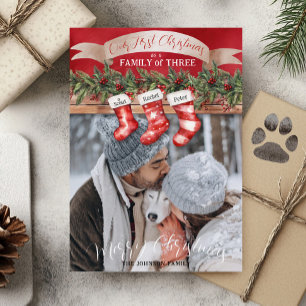 Family of 3 Christmas Stockings Photo Dog Mum Dad Holiday Card