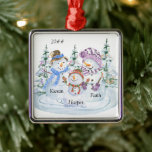 Family of 3 Cute Snowman Personalised Christmas Metal Ornament<br><div class="desc">Cute personalised christmas ornament for a family of 3. The design features a happy trio of snowmen surrounded by christmas trees and you can personalise it with the year and your names.</div>