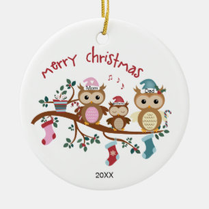 Family of 3 Owl Family Christmas Ceramic Ornament