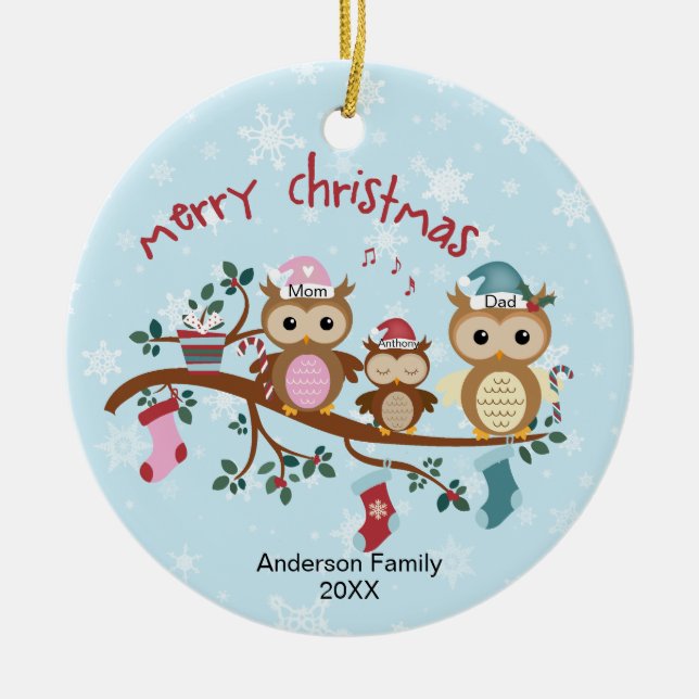 Family of 3 Owl Family Christmas Ceramic Ornament (Front)