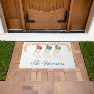Family of 3 - Watercolor Monogram Stockings Doormat