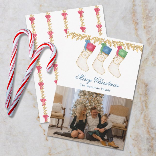 Family of 3 - Watercolor Monogram Stockings Photo Holiday Card (Creator Uploaded)