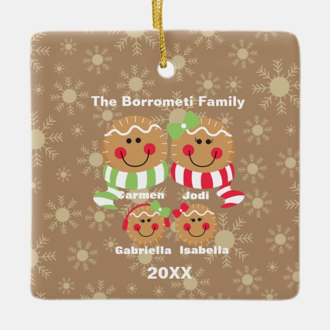 Family of 4 Gingerbread Faces Christmas Ornament (Front)