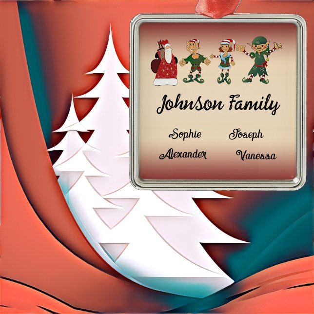 Family of 4 Members Christmas Magic Elves Santa  Metal Ornament (Family of 4 Members Christmas Magic Elves Santa Metal Ornament)