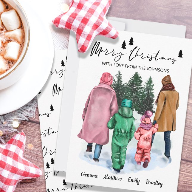 Family of 4 Names and Watercolor Illustration Holiday Card (Creator Uploaded)
