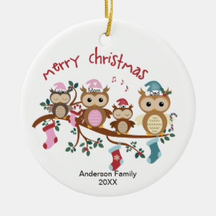 Family of 4 Owl Family Christmas Ceramic Ornament