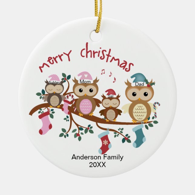 Family of 4 Owl Family Christmas Ceramic Ornament (Front)