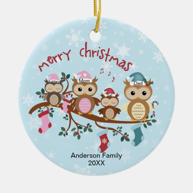 Family of 4 Owl Family Christmas Ceramic Ornament (Front)