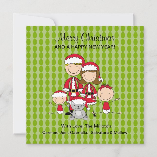 Family of 4 with Cat Stick People Christmas Card (Front)