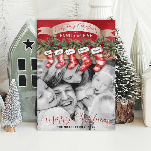 Family of 5 Christmas Stockings Photo Baby First Holiday Card