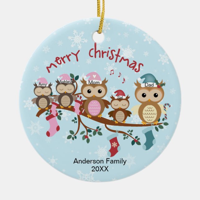 Family of 5 Owl Family Christmas Ceramic Ornament (Front)