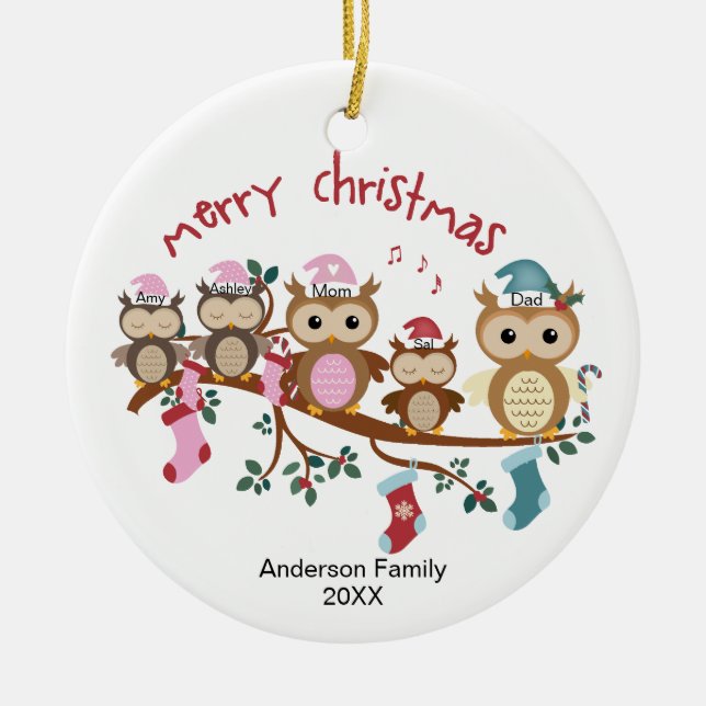 Family of 5 Owl Family Christmas Ceramic Ornament (Front)