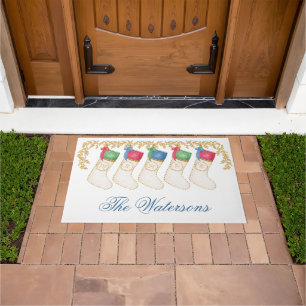 Family of 5 - Watercolor Monogram Stockings Doormat