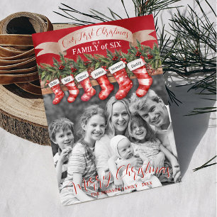 Family of 6 Christmas Stockings Photo Baby First Holiday Card