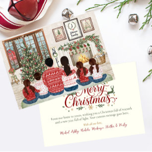 Family of 6 Three Girls, Boy, Fireside Family Xmas Holiday Card