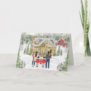 Family of 6 Twins & Girls, Snowy Christmas Cottage Holiday Card