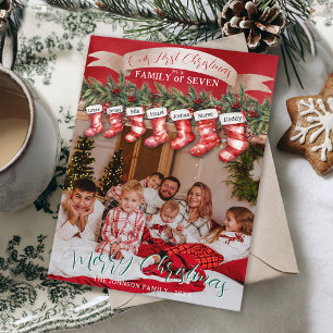 Family of 7 Christmas Stockings Photo Baby First Holiday Card