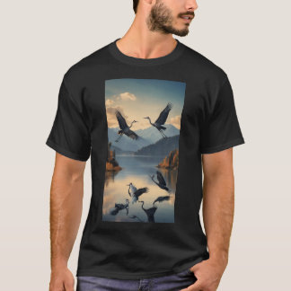 Family of cranes flying over a lake with mountains T-Shirt
