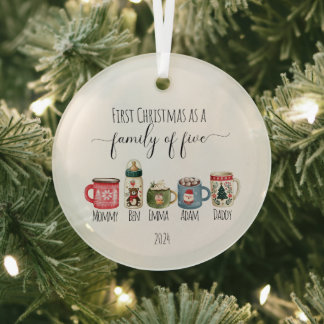 Family of Five Christmas Glass Ornament
