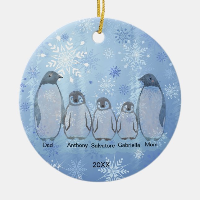 Family of Five Penguin Family Christmas Ceramic Ornament (Front)