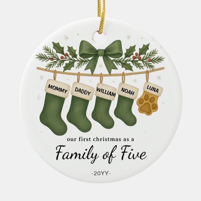 Family of Five Stockings – Green Holly Ceramic Ornament (Front)