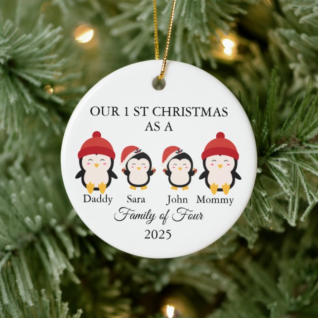 Family of Four Christmas, New Baby's First xmas Ceramic Ornament (Tree)