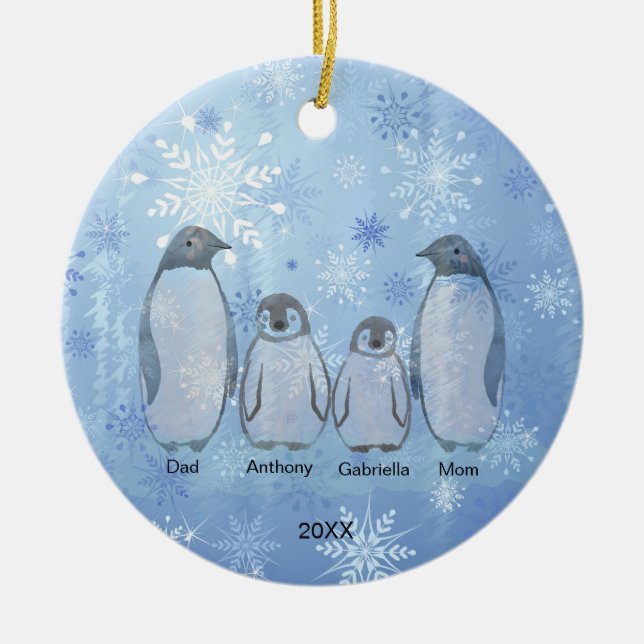 Family of Four Penguin Family Christmas Ceramic Ornament (Front)