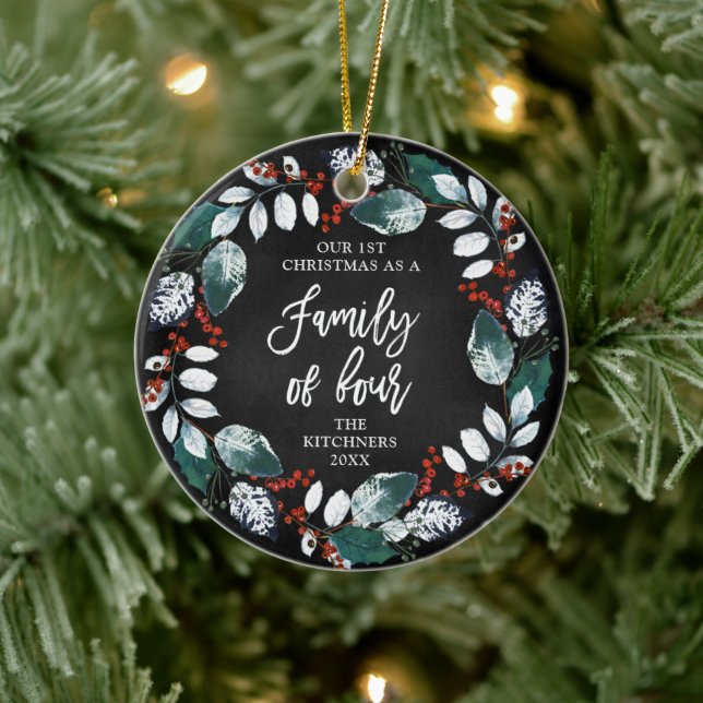 Family Of Four Personalised Rustic Holly Wreath Ceramic Ornament (Tree)