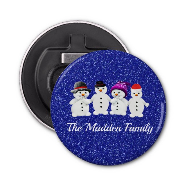 Family of Four Snowmen Blue Sparkle Winter   Bottle Opener (Front)