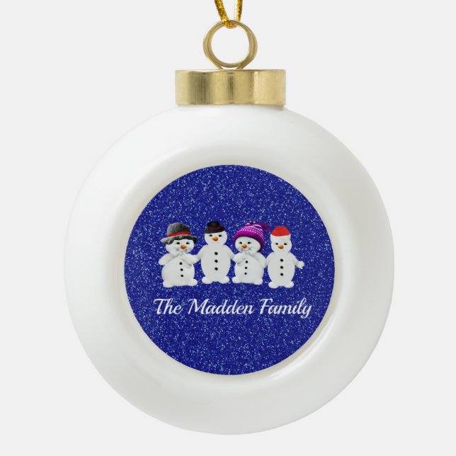 Family of Four Snowmen Blue Sparkle Winter   Ceramic Ball Christmas Ornament (Front)