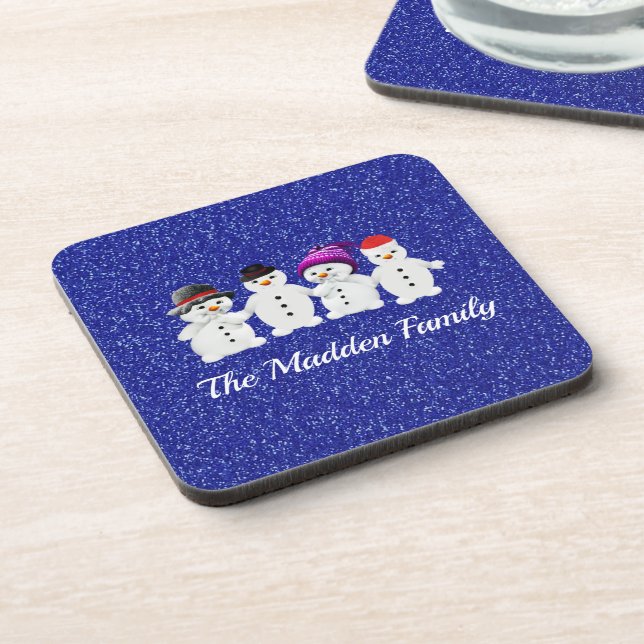 Family of Four Snowmen Blue Sparkle Winter  Coaster (Left Side)