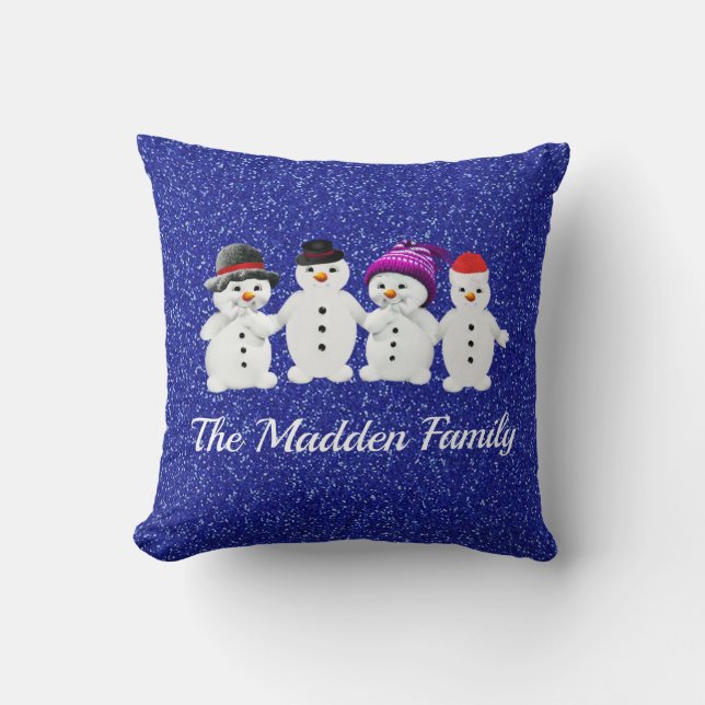 Family of Four Snowmen Blue Sparkle Winter   Cushion (Front)