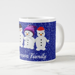 Family of Four Snowmen Blue Sparkle Winter    Large Coffee Mug