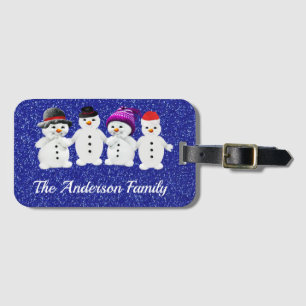 Family of Four Snowmen Blue Sparkle Winter Luggage Tag